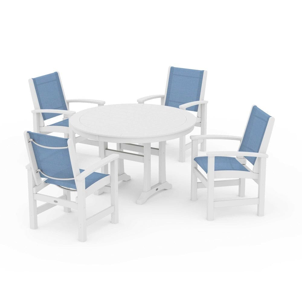 POLYWOOD® Outdoor Furniture White / Poolside Sling POLYWOOD® - Coastal 5-Piece Round Dining Set with Trestle Legs - PWS1119