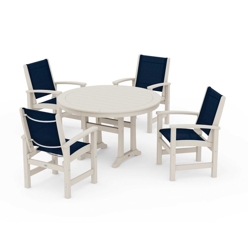 POLYWOOD® Outdoor Furniture Sand / Navy Blue Sling POLYWOOD® - Coastal 5-Piece Round Dining Set with Trestle Legs - PWS1119