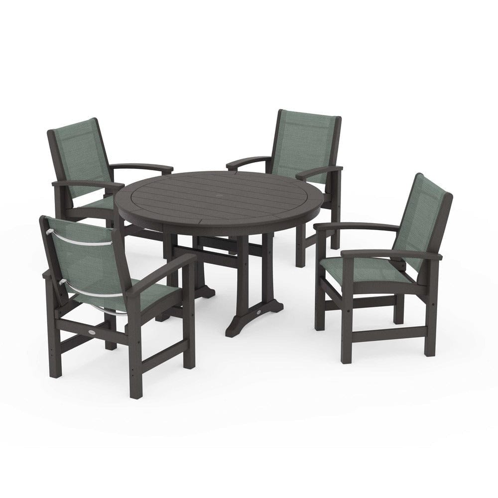 POLYWOOD® Outdoor Furniture Vintage Coffee / Dupioni Sea Mist Sling POLYWOOD® - Coastal 5-Piece Round Dining Set with Trestle Legs - PWS1119