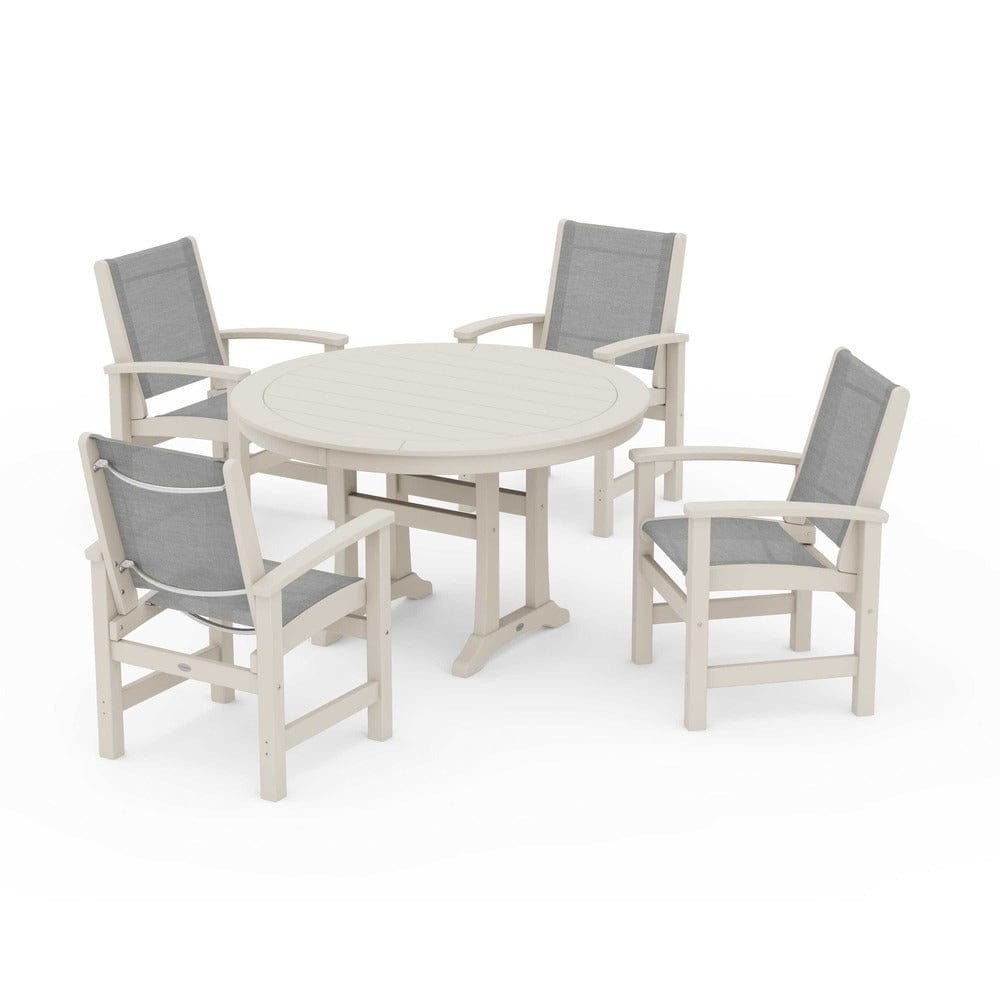 POLYWOOD® Outdoor Furniture Sand / Metallic Sling POLYWOOD® - Coastal 5-Piece Round Dining Set with Trestle Legs - PWS1119