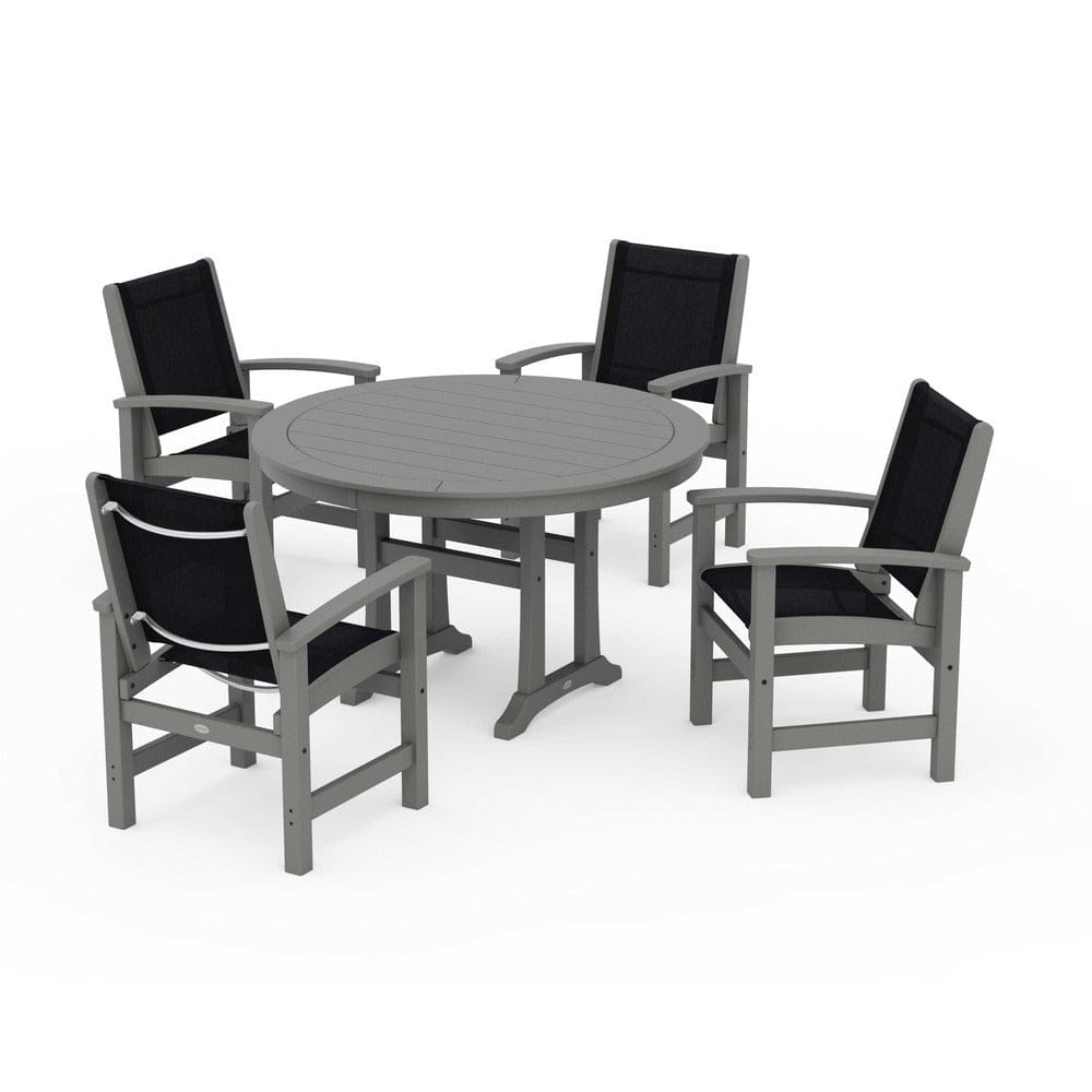 POLYWOOD® Outdoor Furniture Slate Grey / Black Sling POLYWOOD® - Coastal 5-Piece Round Dining Set with Trestle Legs - PWS1119
