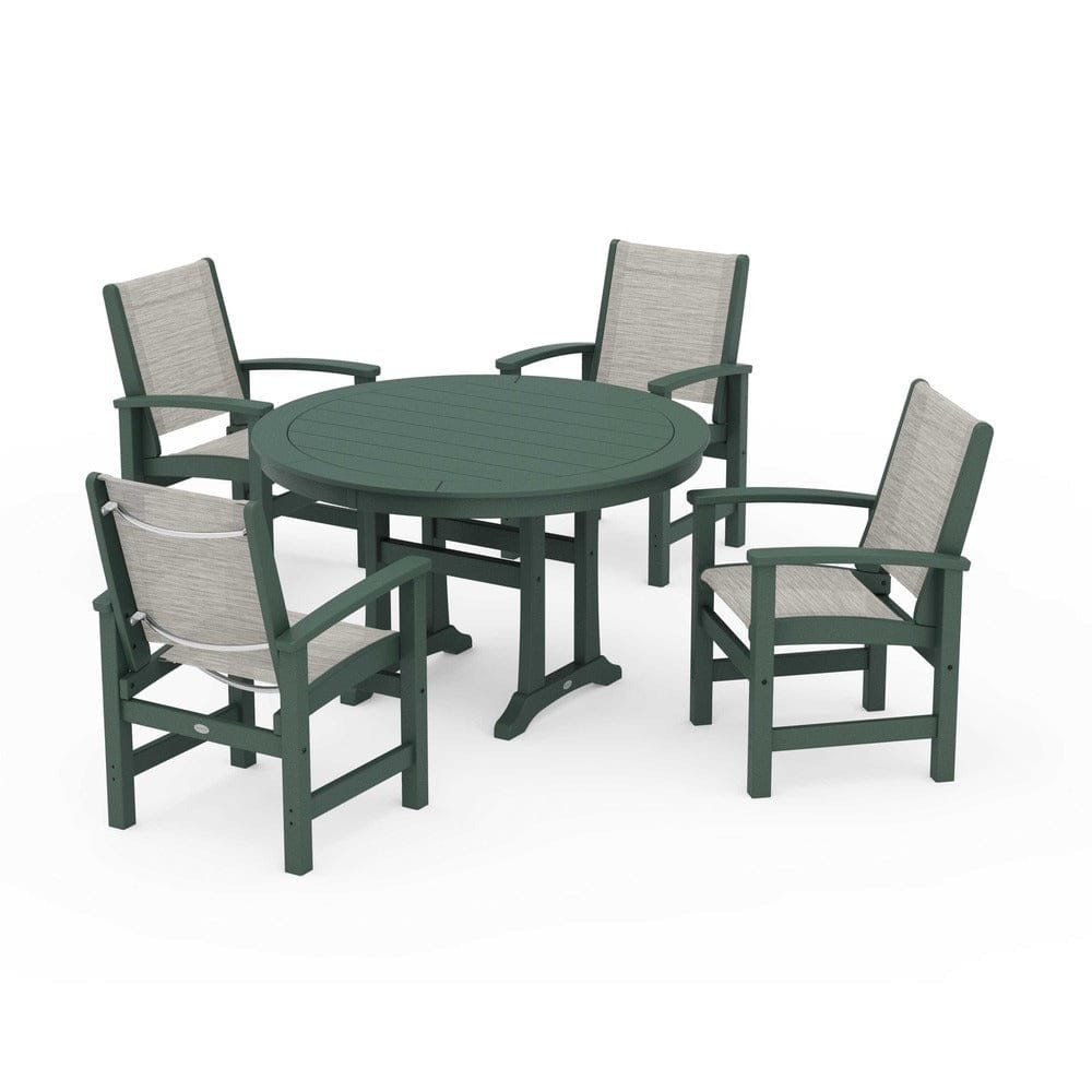 POLYWOOD® Outdoor Furniture Green / Birch Sling POLYWOOD® - Coastal 5-Piece Round Dining Set with Trestle Legs - PWS1119