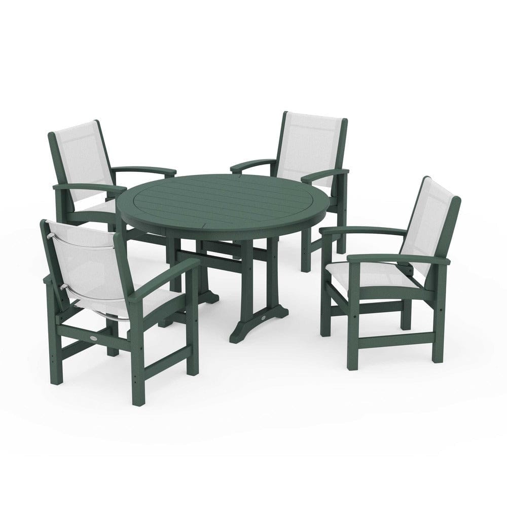 POLYWOOD® Outdoor Furniture Green / White Sling POLYWOOD® - Coastal 5-Piece Round Dining Set with Trestle Legs - PWS1119
