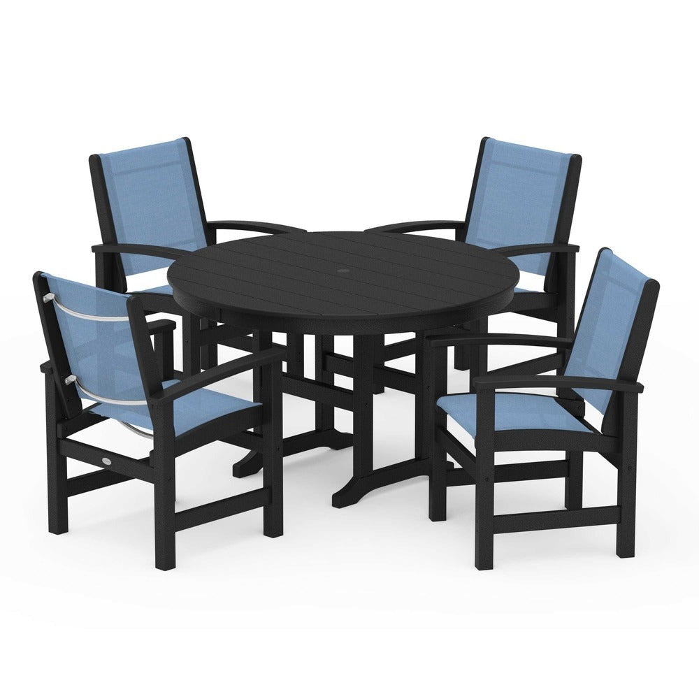POLYWOOD® Outdoor Furniture Black / Poolside Sling POLYWOOD® Coastal 5-Piece Round Farmhouse Dining Set - PWS155