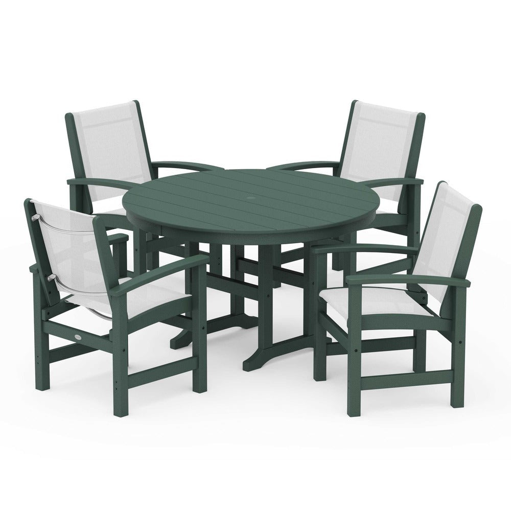 POLYWOOD® Outdoor Furniture Green / White Sling POLYWOOD® Coastal 5-Piece Round Farmhouse Dining Set - PWS155
