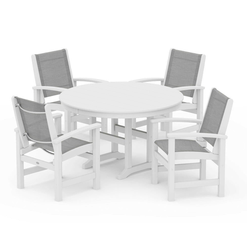 POLYWOOD® Outdoor Furniture White / Metallic Sling POLYWOOD® Coastal 5-Piece Round Farmhouse Dining Set - PWS155