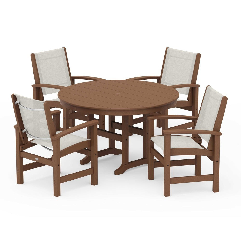 POLYWOOD® Outdoor Furniture Teak / Parchment Sling POLYWOOD® Coastal 5-Piece Round Farmhouse Dining Set - PWS155