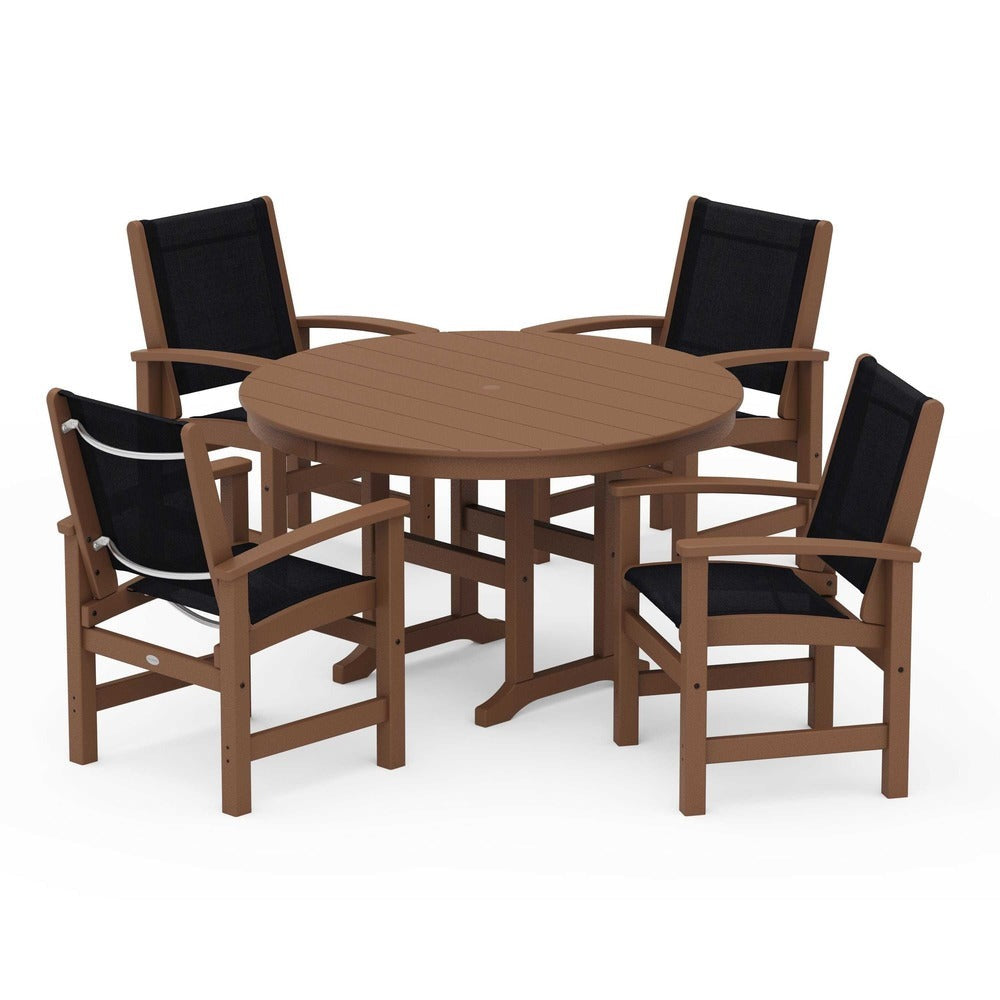 POLYWOOD® Outdoor Furniture Teak / Black Sling POLYWOOD® Coastal 5-Piece Round Farmhouse Dining Set - PWS155