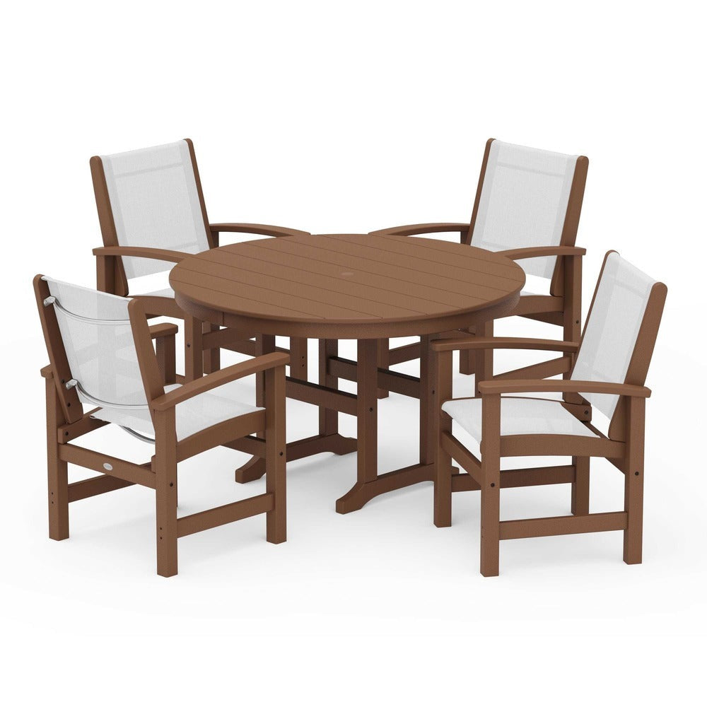 POLYWOOD® Outdoor Furniture Teak / White Sling POLYWOOD® Coastal 5-Piece Round Farmhouse Dining Set - PWS155