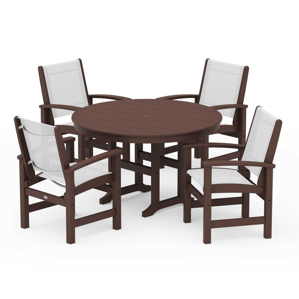 POLYWOOD® Outdoor Furniture Mahogany / White Sling POLYWOOD® Coastal 5-Piece Round Farmhouse Dining Set - PWS155