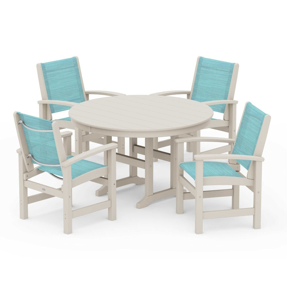 POLYWOOD® Outdoor Furniture Sand / Dupioni Aquamarine Sling POLYWOOD® Coastal 5-Piece Round Farmhouse Dining Set - PWS155