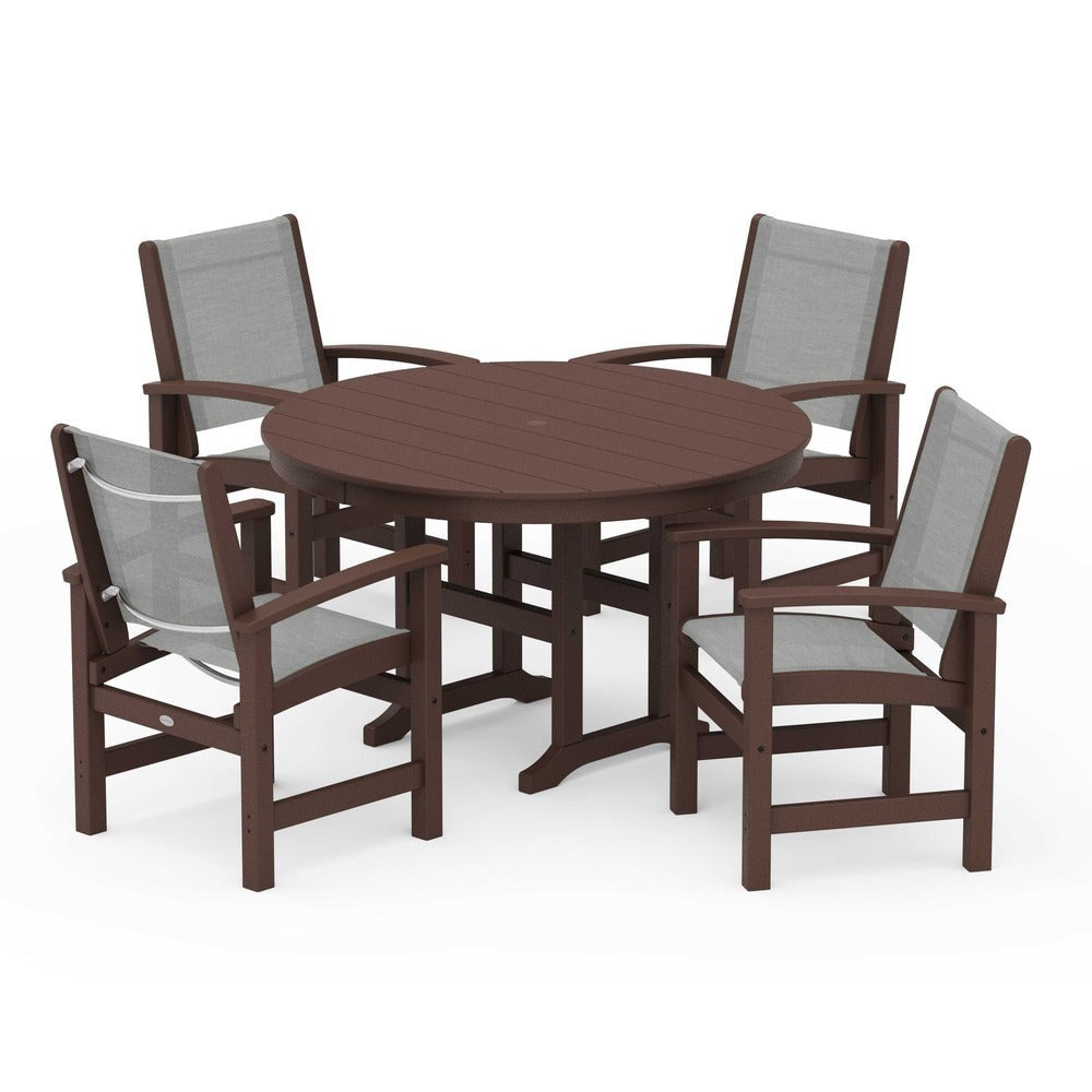 POLYWOOD® Outdoor Furniture Mahogany / Metallic Sling POLYWOOD® Coastal 5-Piece Round Farmhouse Dining Set - PWS155