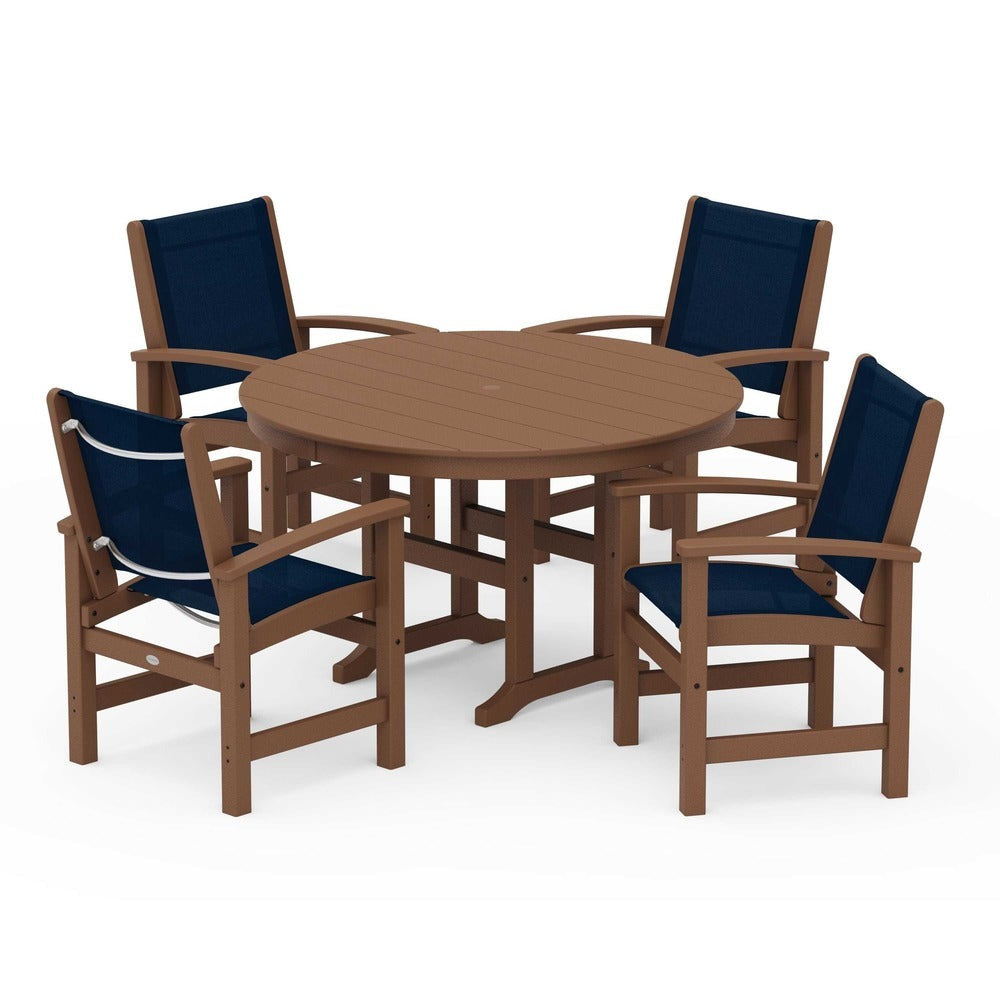 POLYWOOD® Outdoor Furniture Teak / Navy Blue Sling POLYWOOD® Coastal 5-Piece Round Farmhouse Dining Set - PWS155