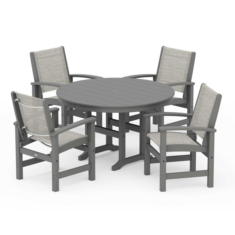 POLYWOOD® Outdoor Furniture Slate Grey / Birch Sling POLYWOOD® Coastal 5-Piece Round Farmhouse Dining Set - PWS155