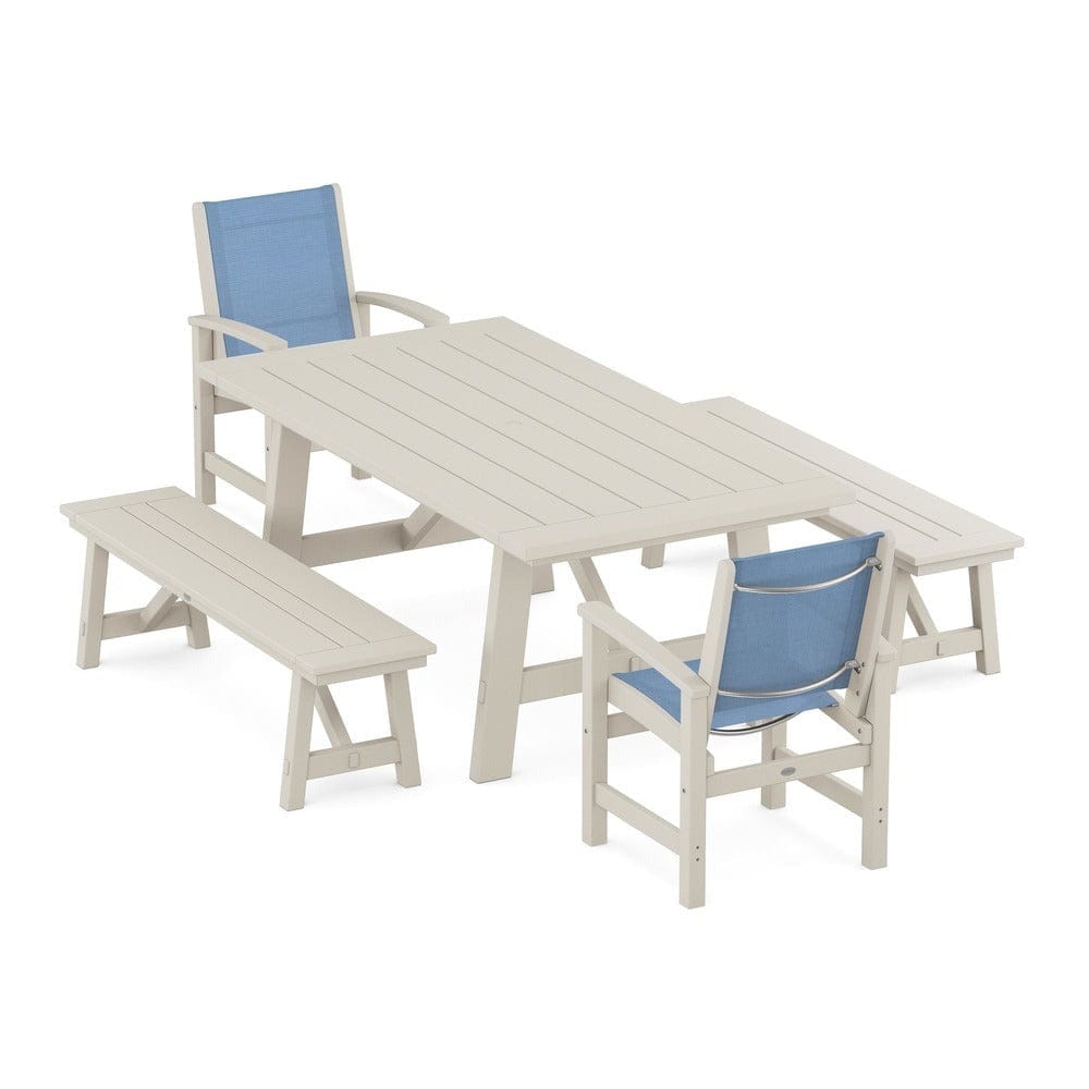 POLYWOOD® Outdoor Furniture Sand / Poolside Sling POLYWOOD® - Coastal 5-Piece Rustic Farmhouse Dining Set With Benches - PWS1077