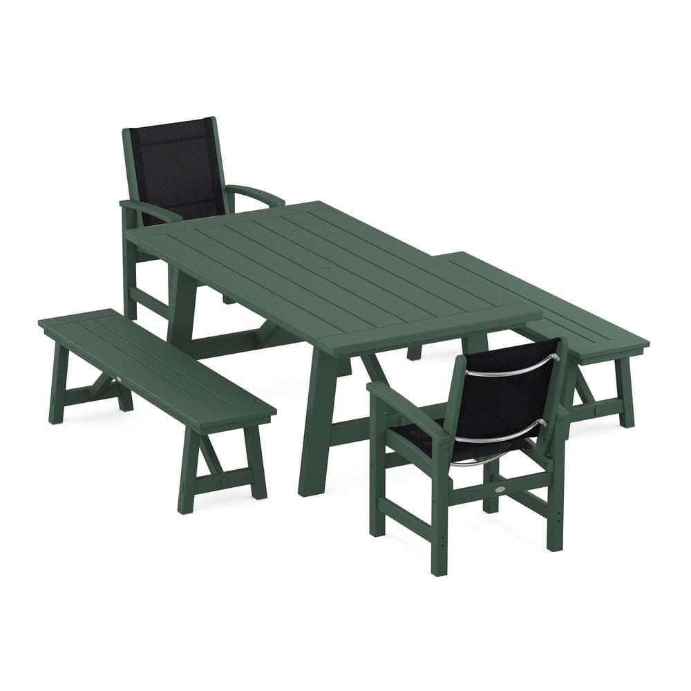 POLYWOOD® Outdoor Furniture Green / Black Sling POLYWOOD® - Coastal 5-Piece Rustic Farmhouse Dining Set With Benches - PWS1077