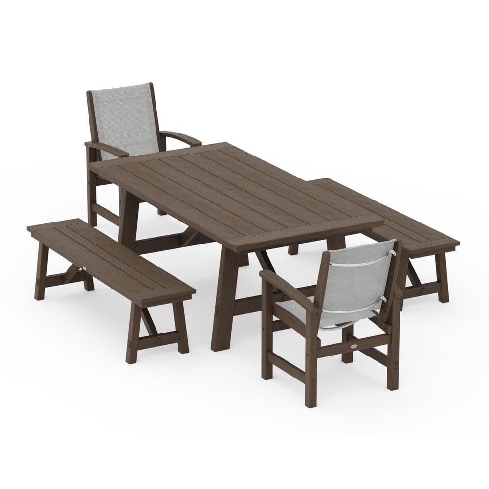POLYWOOD® Outdoor Furniture POLYWOOD® - Coastal 5-Piece Rustic Farmhouse Dining Set With Benches - PWS1077