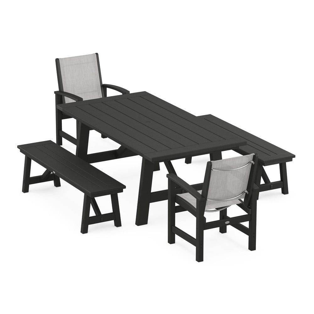 POLYWOOD® Outdoor Furniture Black / Parchment Sling POLYWOOD® - Coastal 5-Piece Rustic Farmhouse Dining Set With Benches - PWS1077