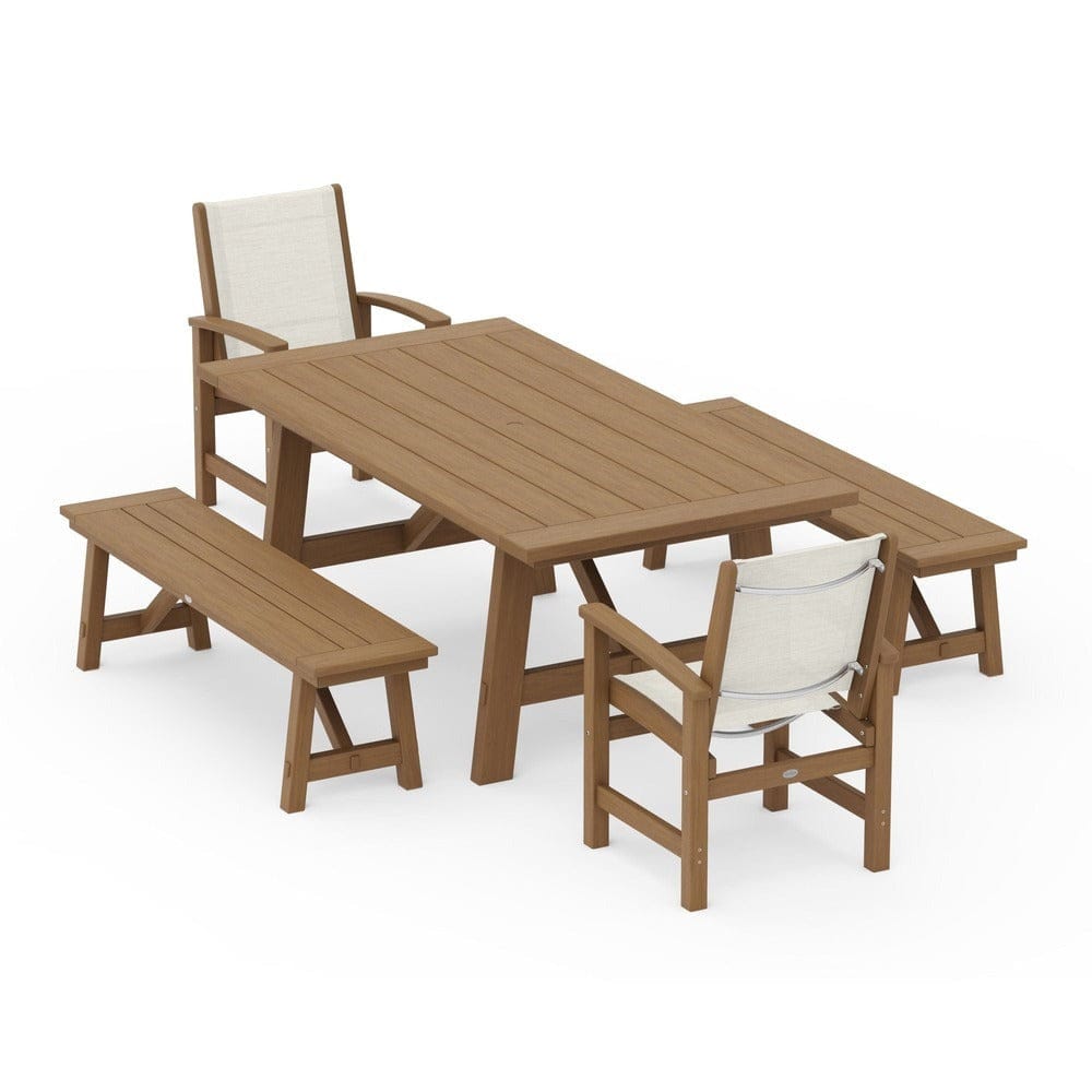 POLYWOOD® Outdoor Furniture POLYWOOD® - Coastal 5-Piece Rustic Farmhouse Dining Set With Benches - PWS1077