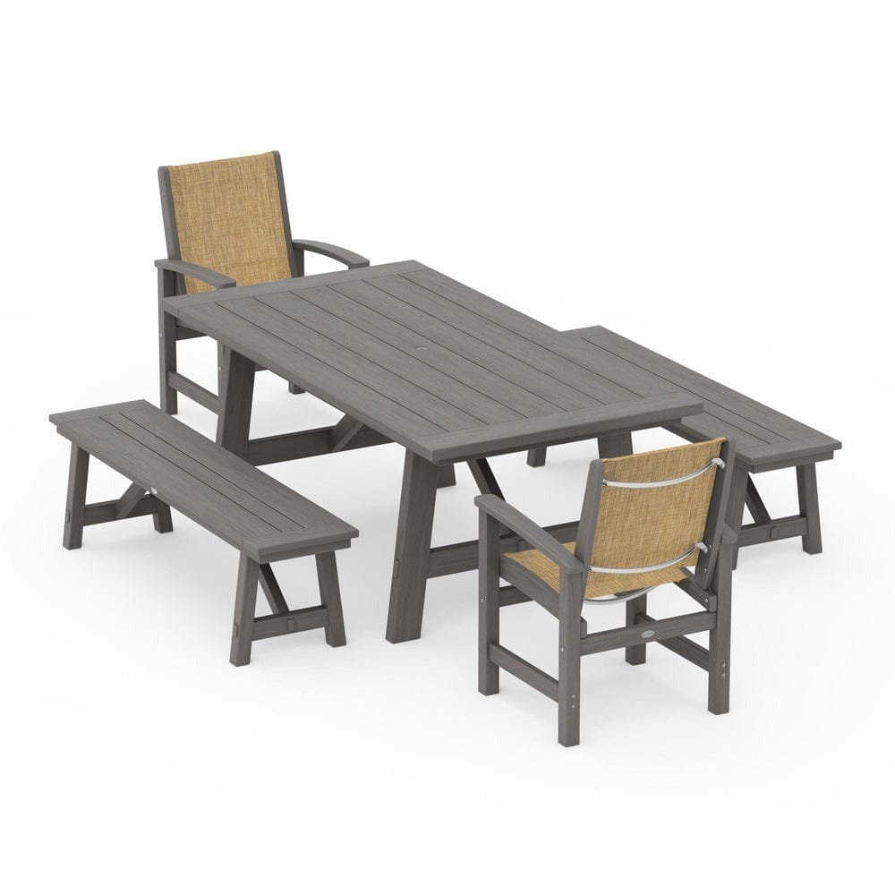 POLYWOOD® Outdoor Furniture POLYWOOD® - Coastal 5-Piece Rustic Farmhouse Dining Set With Benches - PWS1077