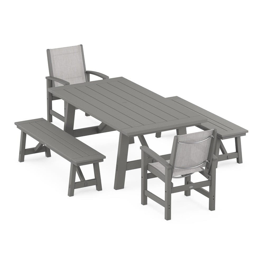 POLYWOOD® Outdoor Furniture POLYWOOD® - Coastal 5-Piece Rustic Farmhouse Dining Set With Benches - PWS1077