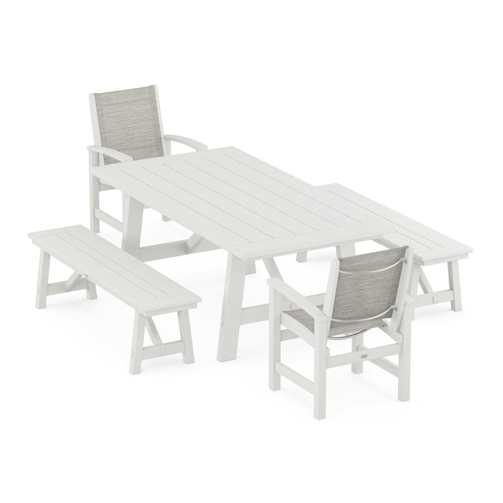POLYWOOD® Outdoor Furniture POLYWOOD® - Coastal 5-Piece Rustic Farmhouse Dining Set With Benches - PWS1077