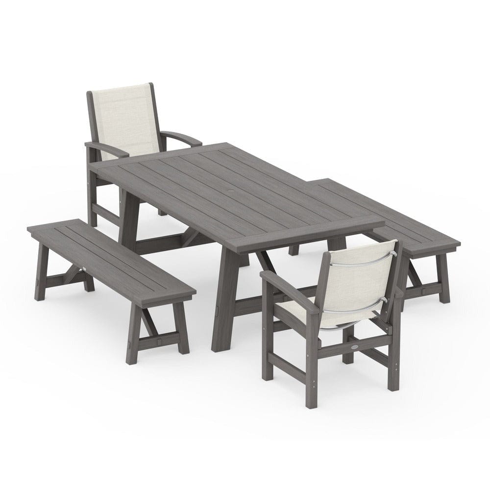 POLYWOOD® Outdoor Furniture POLYWOOD® - Coastal 5-Piece Rustic Farmhouse Dining Set With Benches - PWS1077