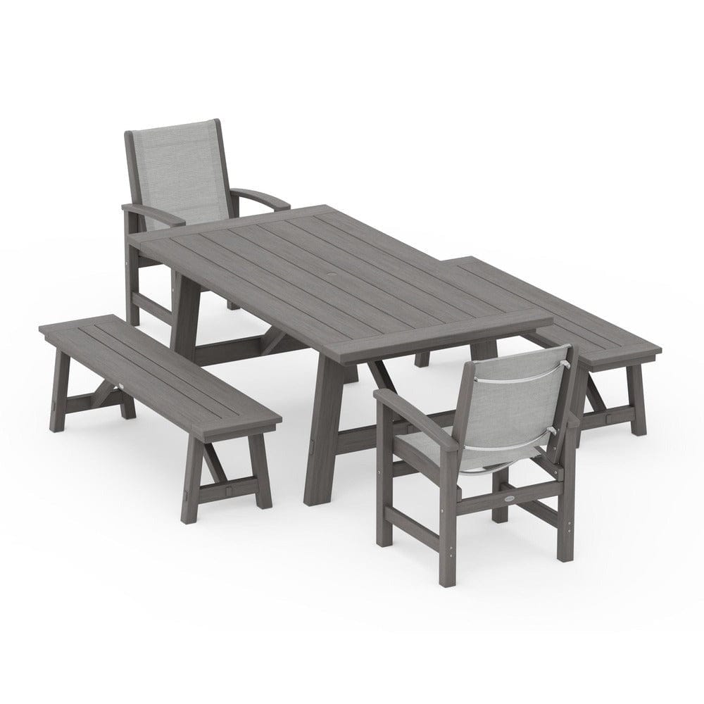POLYWOOD® Outdoor Furniture POLYWOOD® - Coastal 5-Piece Rustic Farmhouse Dining Set With Benches - PWS1077