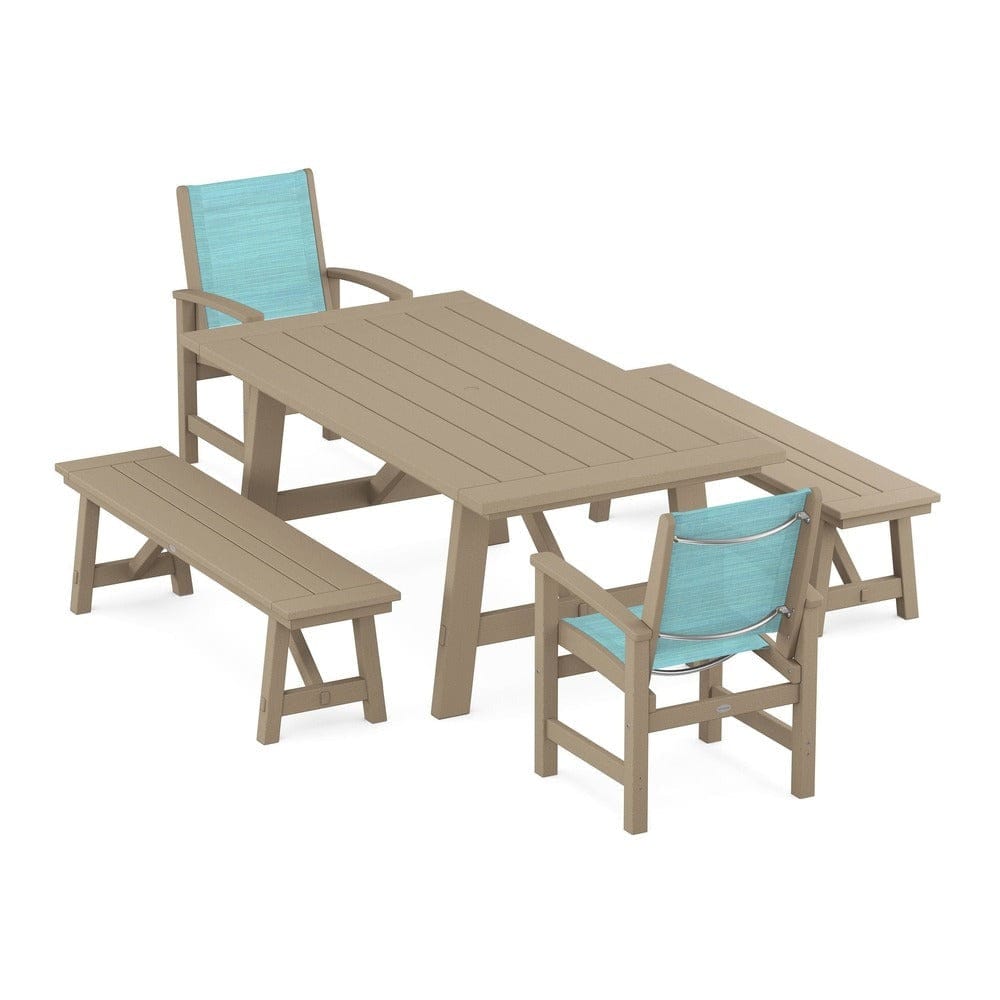 POLYWOOD® Outdoor Furniture POLYWOOD® - Coastal 5-Piece Rustic Farmhouse Dining Set With Benches - PWS1077