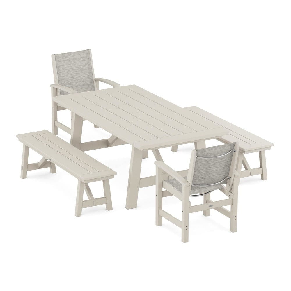 POLYWOOD® Outdoor Furniture Sand / Birch Sling POLYWOOD® - Coastal 5-Piece Rustic Farmhouse Dining Set With Benches - PWS1077