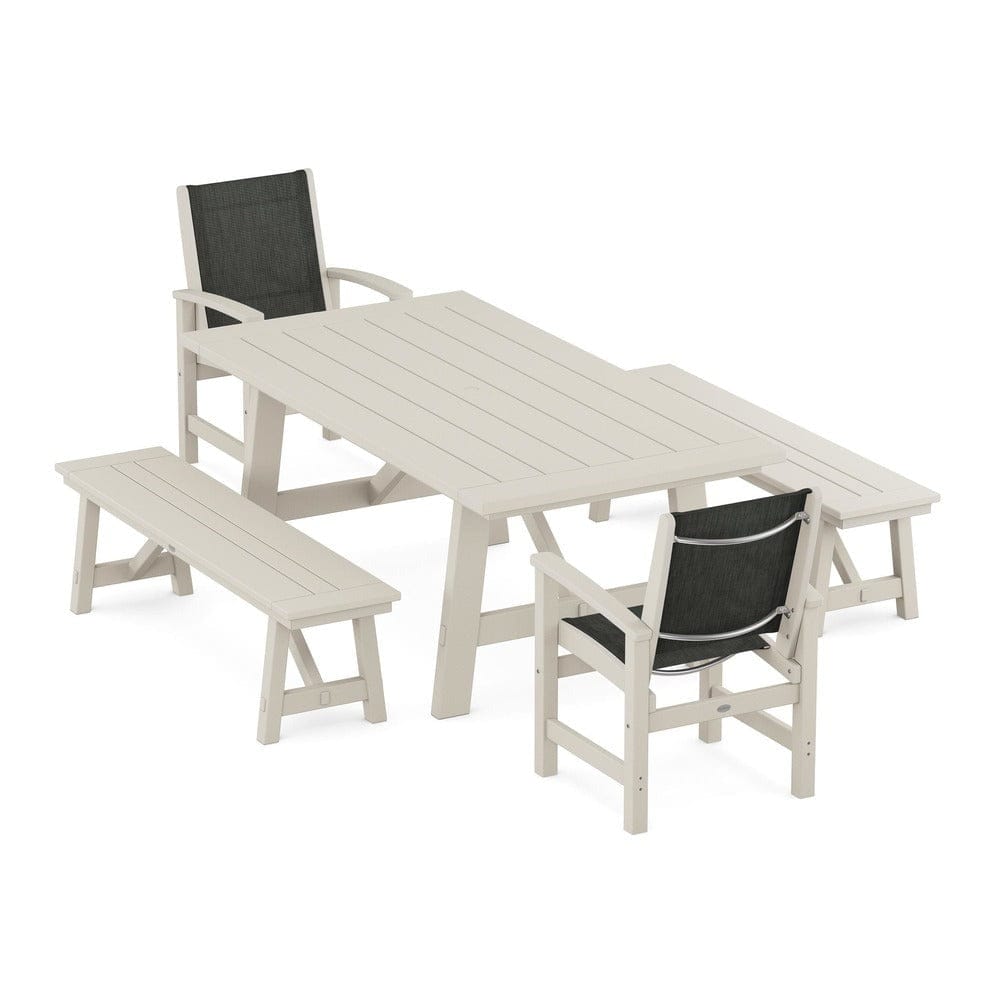 POLYWOOD® Outdoor Furniture Sand / Ember Sling POLYWOOD® - Coastal 5-Piece Rustic Farmhouse Dining Set With Benches - PWS1077