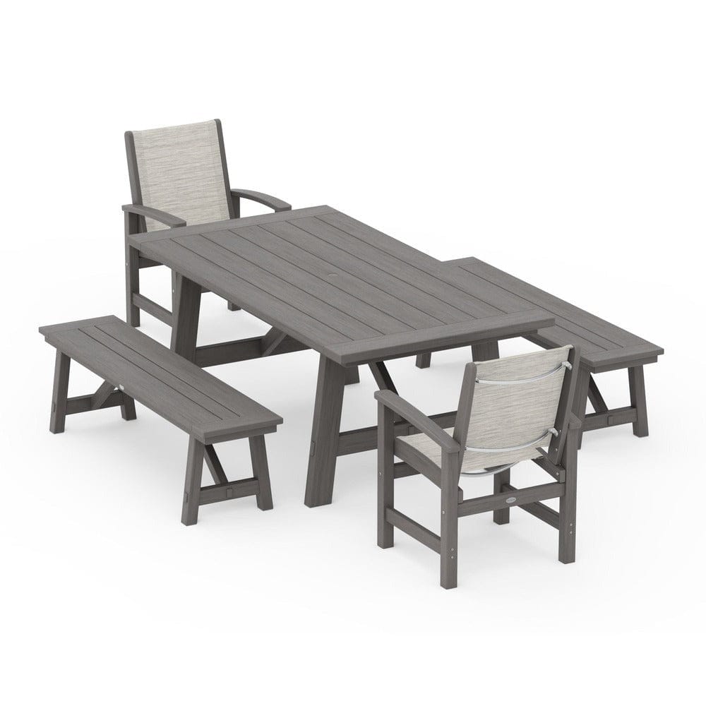 POLYWOOD® Outdoor Furniture POLYWOOD® - Coastal 5-Piece Rustic Farmhouse Dining Set With Benches - PWS1077