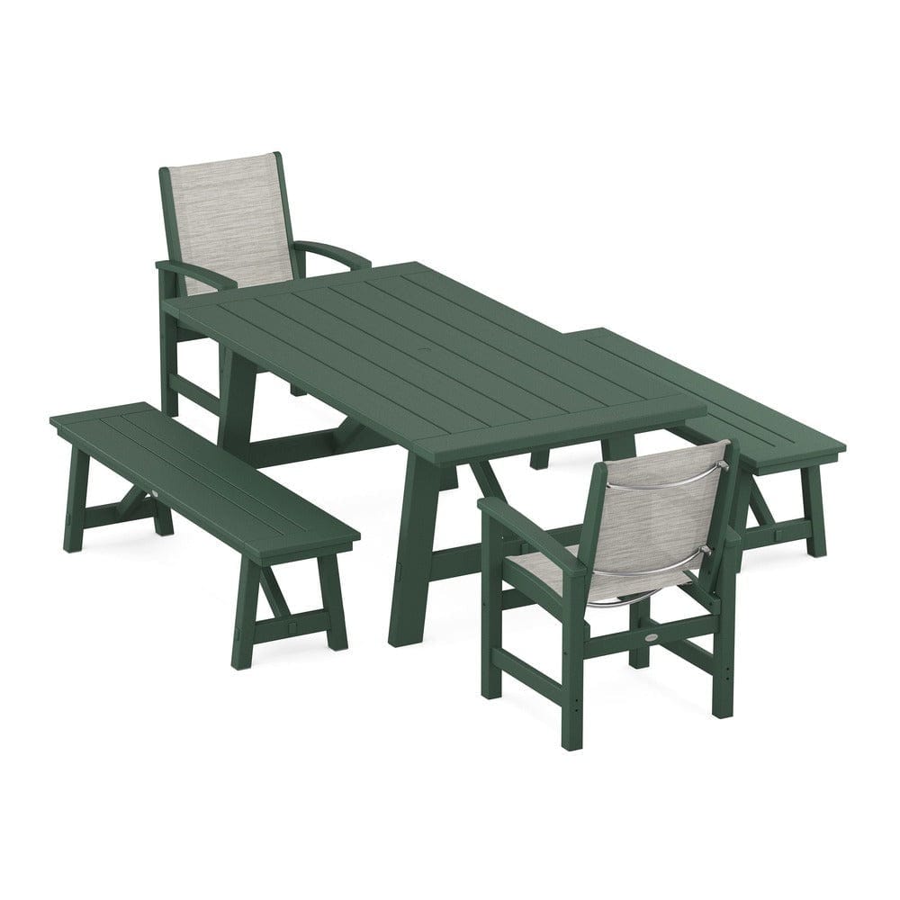 POLYWOOD® Outdoor Furniture Green / Birch Sling POLYWOOD® - Coastal 5-Piece Rustic Farmhouse Dining Set With Benches - PWS1077