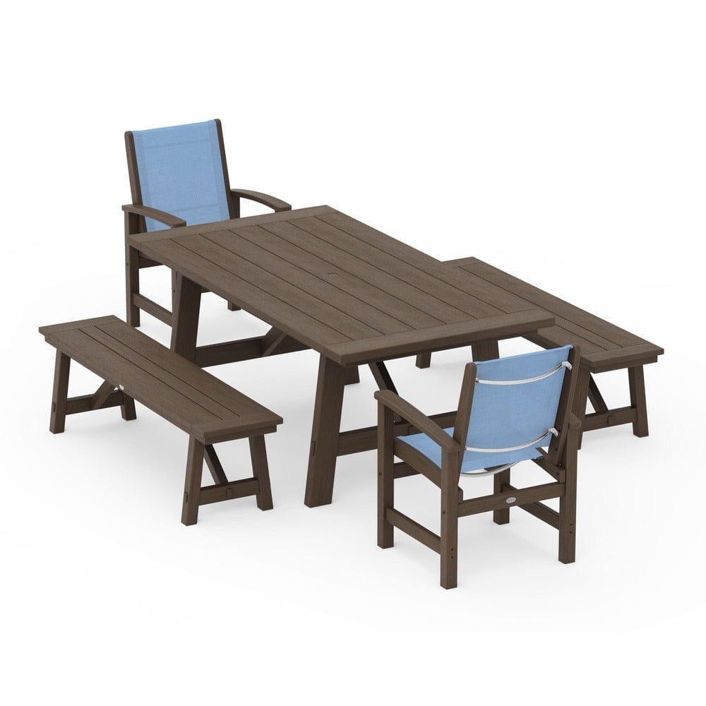 POLYWOOD® Outdoor Furniture POLYWOOD® - Coastal 5-Piece Rustic Farmhouse Dining Set With Benches - PWS1077