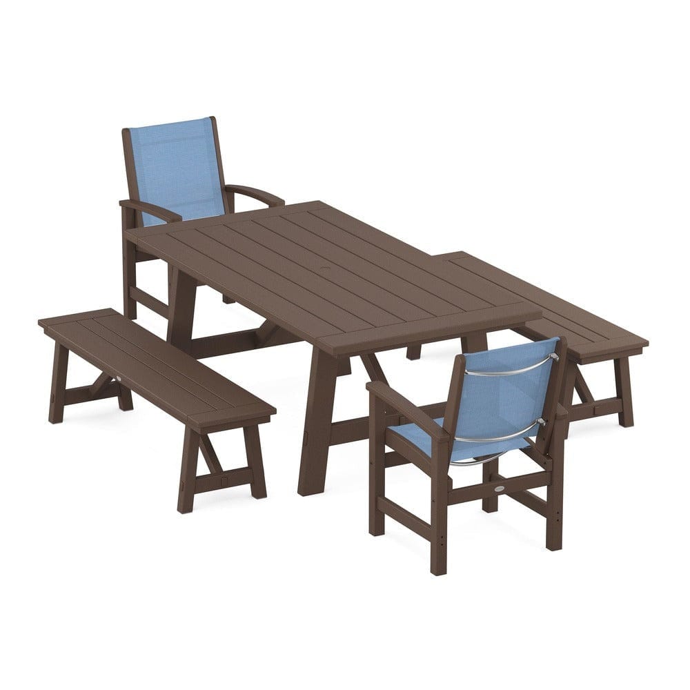 POLYWOOD® Outdoor Furniture Mahogany / Poolside Sling POLYWOOD® - Coastal 5-Piece Rustic Farmhouse Dining Set With Benches - PWS1077