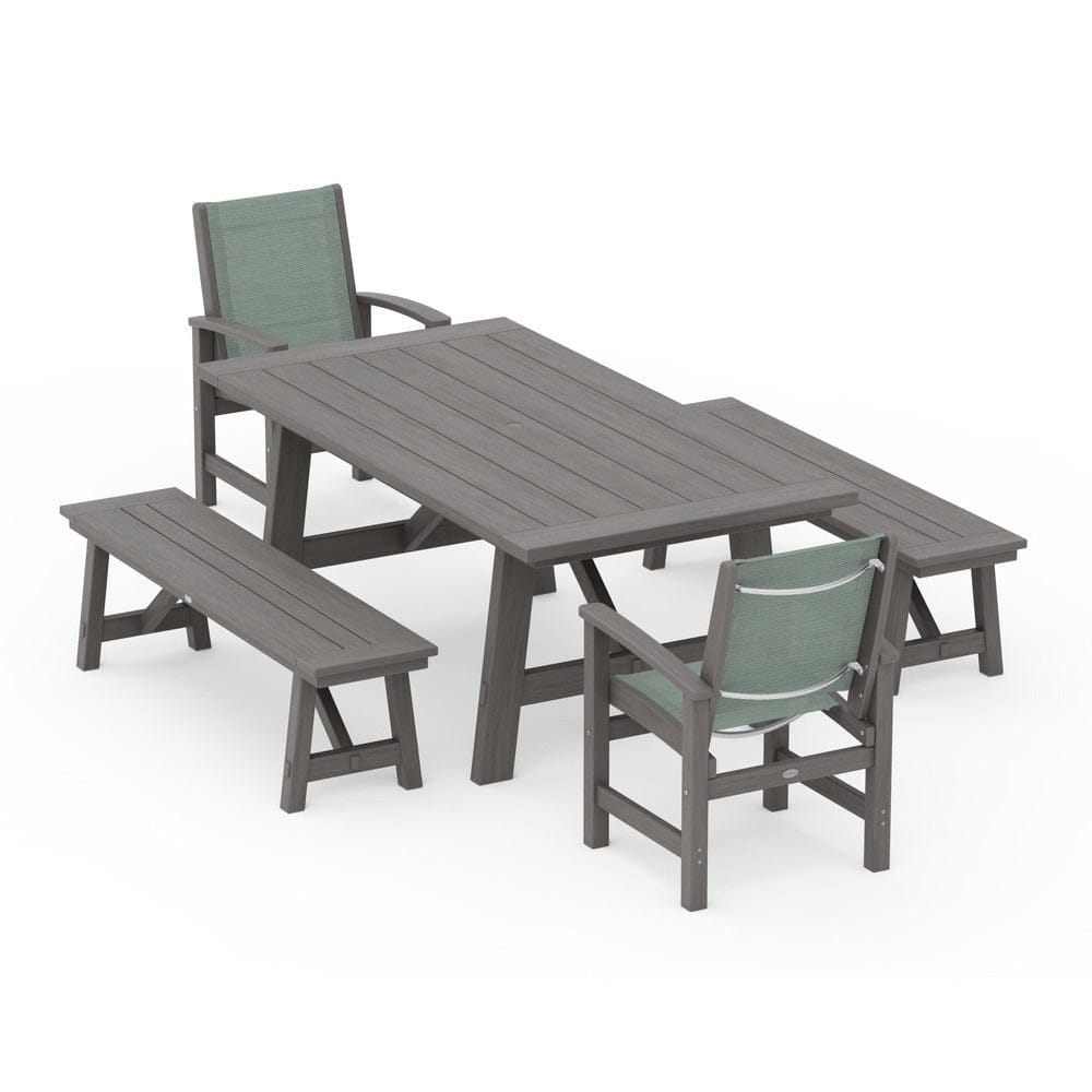 POLYWOOD® Outdoor Furniture POLYWOOD® - Coastal 5-Piece Rustic Farmhouse Dining Set With Benches - PWS1077