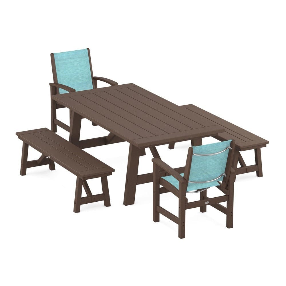 POLYWOOD® Outdoor Furniture Mahogany / Dupioni Aquamarine Sling POLYWOOD® - Coastal 5-Piece Rustic Farmhouse Dining Set With Benches - PWS1077