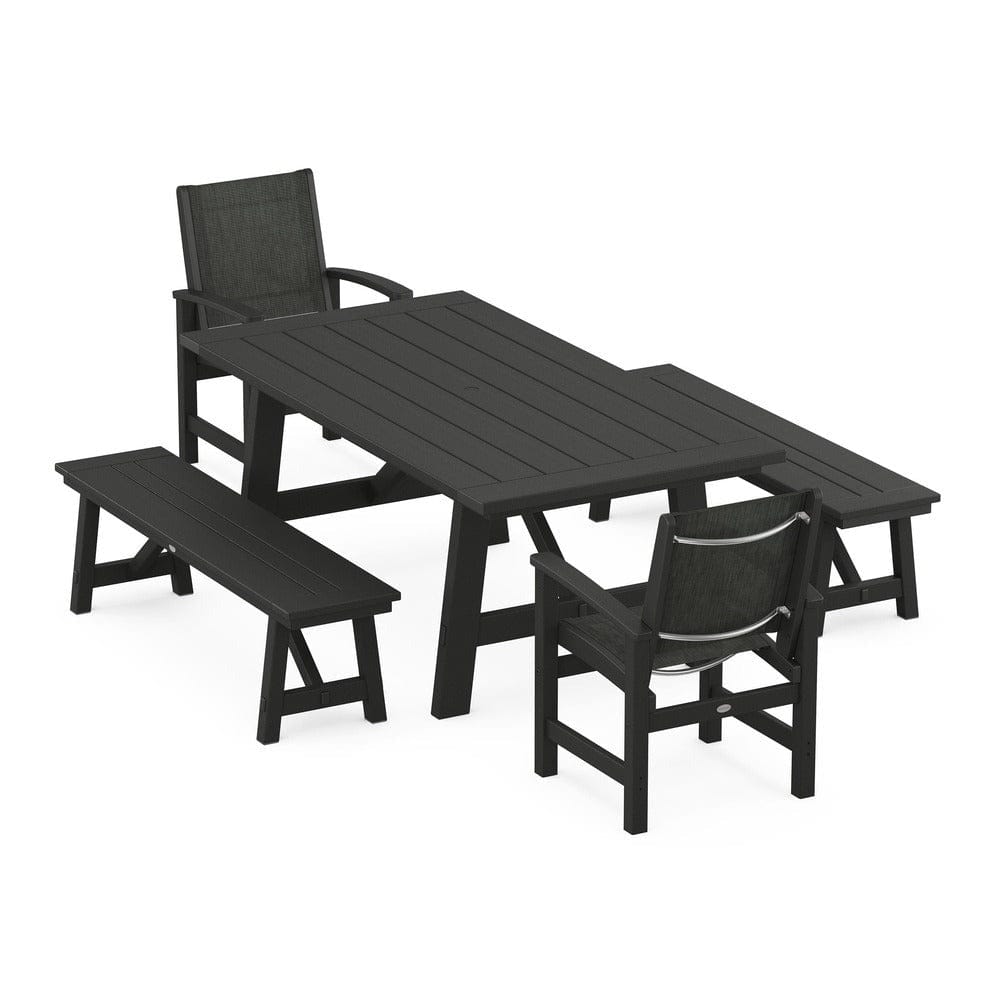 POLYWOOD® Outdoor Furniture Black / Ember Sling POLYWOOD® - Coastal 5-Piece Rustic Farmhouse Dining Set With Benches - PWS1077