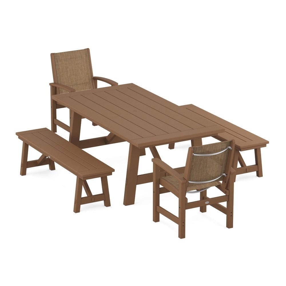 POLYWOOD® Outdoor Furniture Teak / Burlap Sling POLYWOOD® - Coastal 5-Piece Rustic Farmhouse Dining Set With Benches - PWS1077