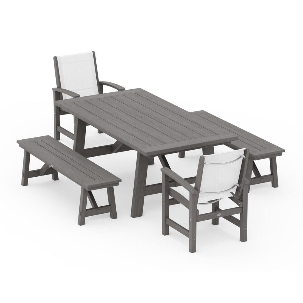 POLYWOOD® Outdoor Furniture POLYWOOD® - Coastal 5-Piece Rustic Farmhouse Dining Set With Benches - PWS1077