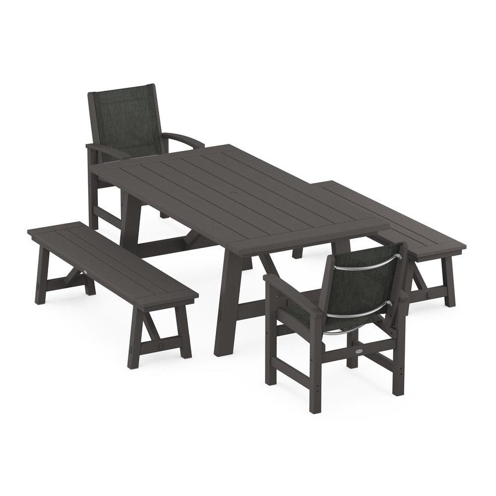 POLYWOOD® Outdoor Furniture Vintage Coffee / Ember Sling POLYWOOD® - Coastal 5-Piece Rustic Farmhouse Dining Set With Benches - PWS1077
