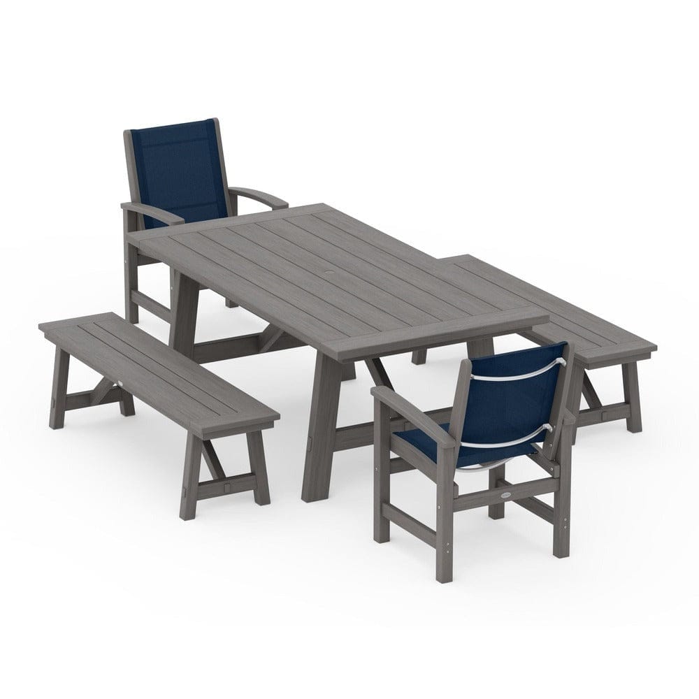POLYWOOD® Outdoor Furniture POLYWOOD® - Coastal 5-Piece Rustic Farmhouse Dining Set With Benches - PWS1077