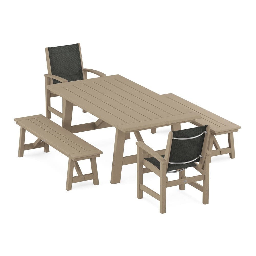 POLYWOOD® Outdoor Furniture POLYWOOD® - Coastal 5-Piece Rustic Farmhouse Dining Set With Benches - PWS1077