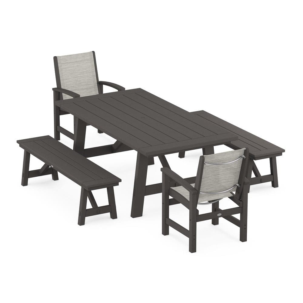 POLYWOOD® Outdoor Furniture Vintage Coffee / Birch Sling POLYWOOD® - Coastal 5-Piece Rustic Farmhouse Dining Set With Benches - PWS1077
