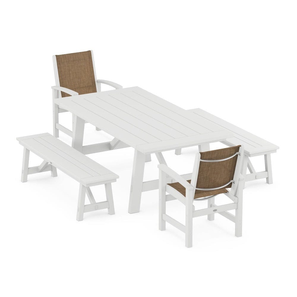 POLYWOOD® Outdoor Furniture White / Burlap Sling POLYWOOD® - Coastal 5-Piece Rustic Farmhouse Dining Set With Benches - PWS1077