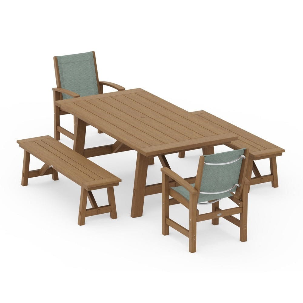 POLYWOOD® Outdoor Furniture POLYWOOD® - Coastal 5-Piece Rustic Farmhouse Dining Set With Benches - PWS1077