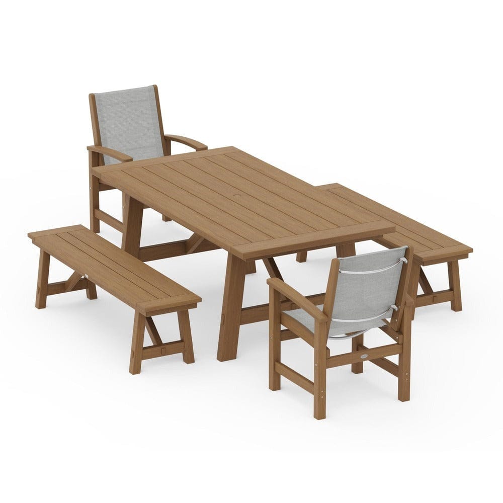 POLYWOOD® Outdoor Furniture POLYWOOD® - Coastal 5-Piece Rustic Farmhouse Dining Set With Benches - PWS1077