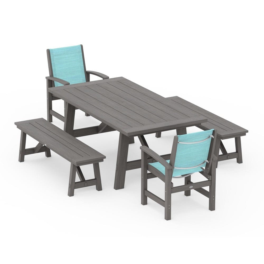 POLYWOOD® Outdoor Furniture POLYWOOD® - Coastal 5-Piece Rustic Farmhouse Dining Set With Benches - PWS1077