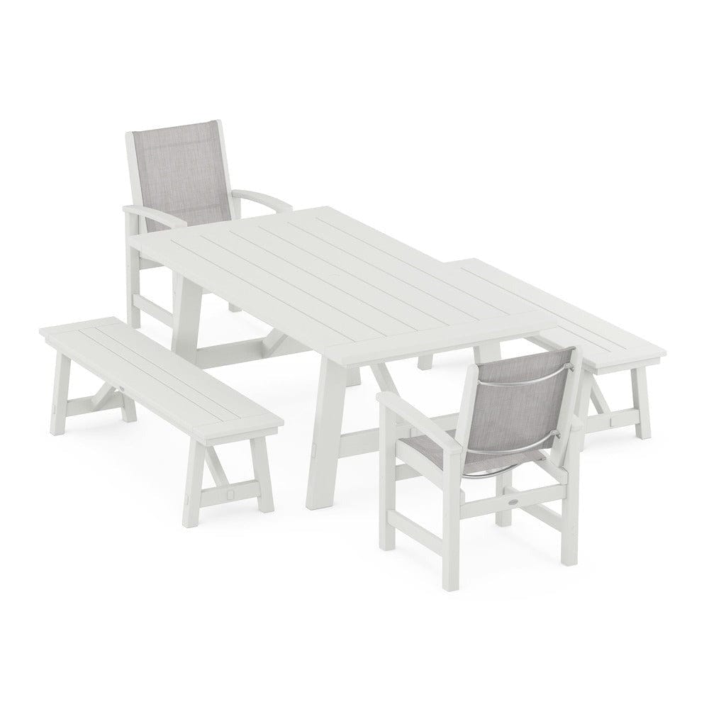 POLYWOOD® Outdoor Furniture POLYWOOD® - Coastal 5-Piece Rustic Farmhouse Dining Set With Benches - PWS1077