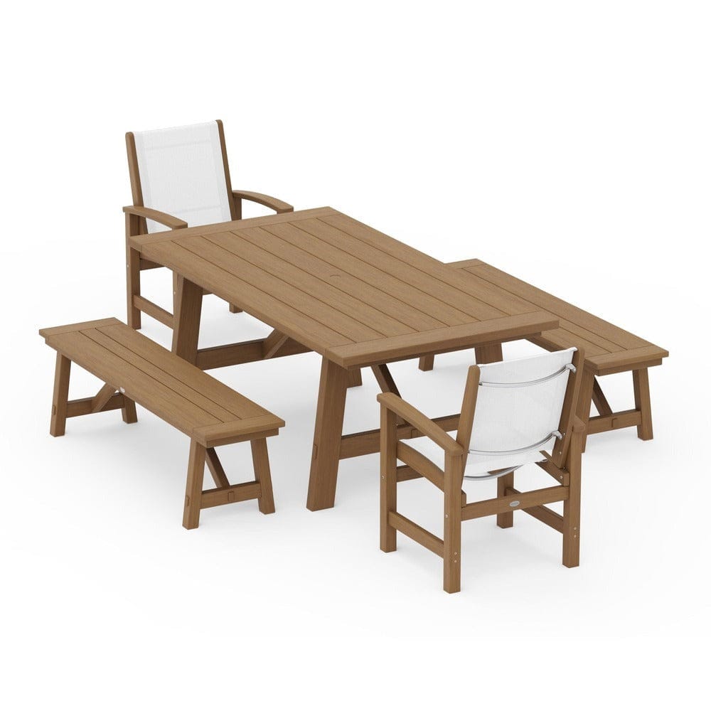 POLYWOOD® Outdoor Furniture POLYWOOD® - Coastal 5-Piece Rustic Farmhouse Dining Set With Benches - PWS1077